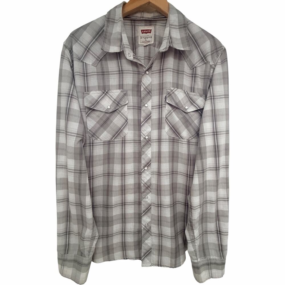 Levi's Gray Plaid Western Pearl Snap Shirt Mens Large